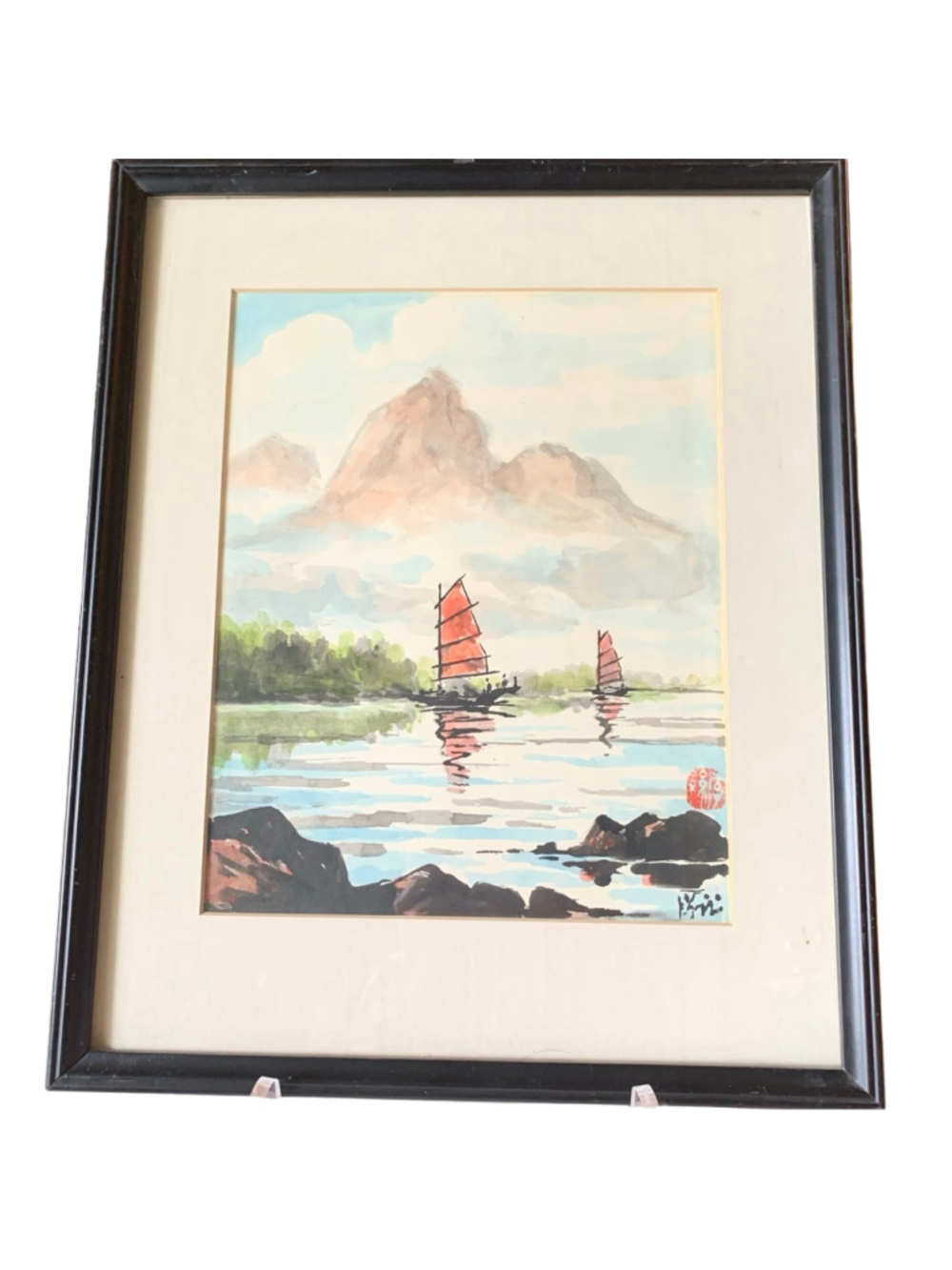Vintage East Asian Painting Blue Green Mountain Lake with Red Junks